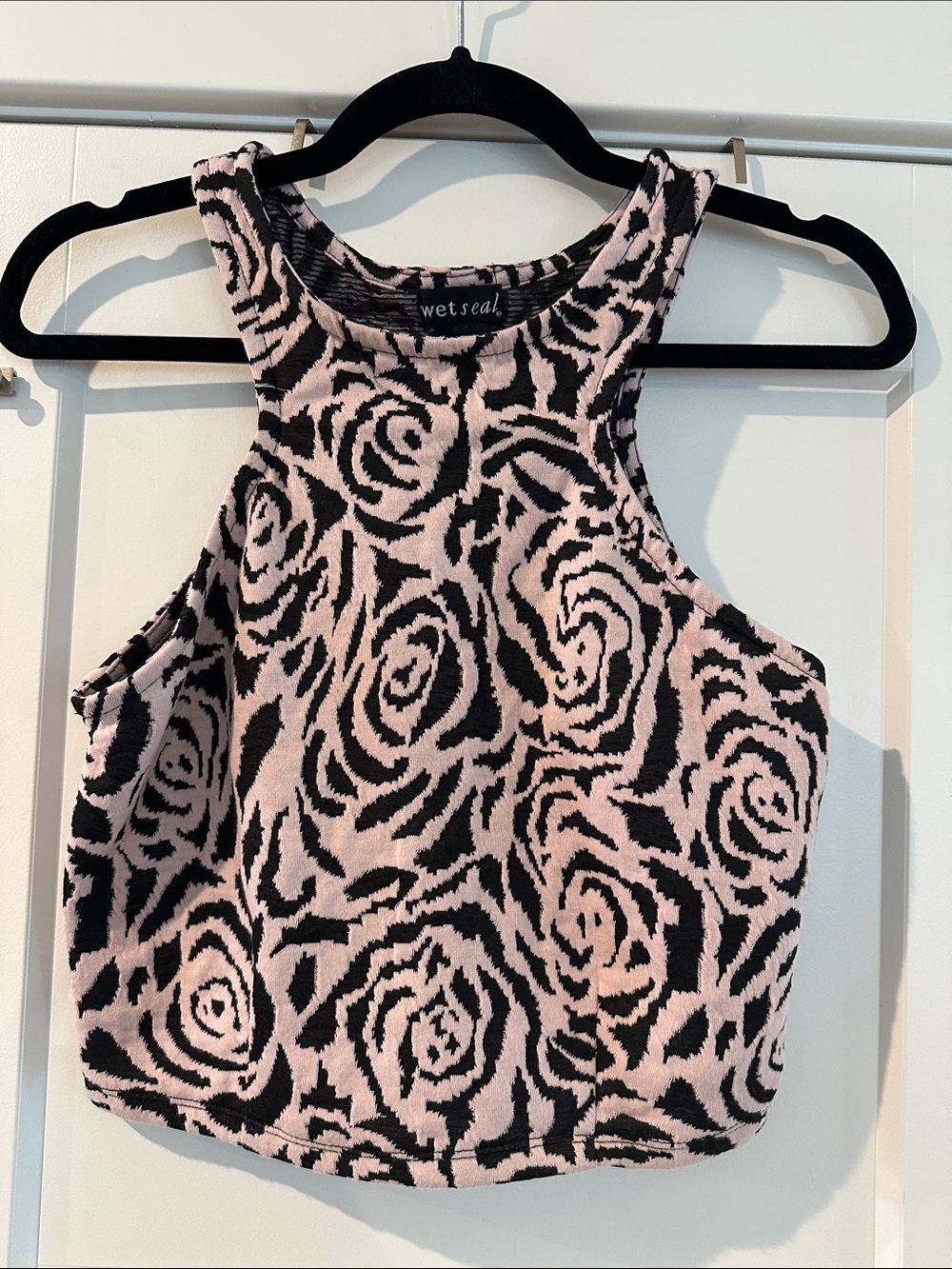 Wet Seal Pink and Black Rose-Print Cropped Tank